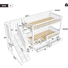lanki international gmbh Etagenbett mit Rutsche 90 x 200 cm MDF und Massivholz weiß