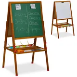 Relaxdays Kinderstandtafel, magnetische Spieltafel, höhenverstellbar, 122-160x65x69 cm, Whiteboard & Kreidetafel, braun