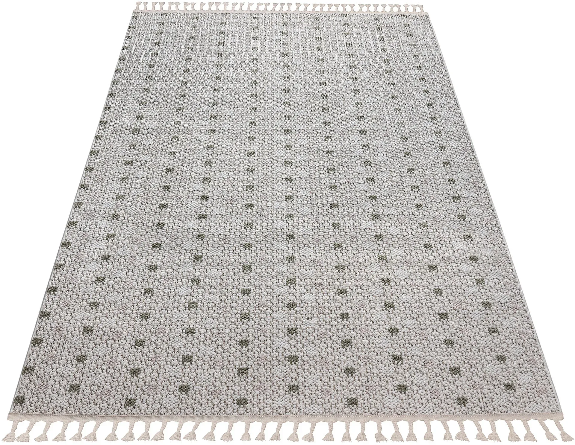 Bruno Banani Teppich »Dotty«, rechteckig, 6 mm Höhe, Woll-Optik, Hoch-Tief Struktur, In- und Outdoor geeignet, mit Fransen Bruno Banani creme, grün B: 200 cm   1 St.