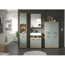 WELLTIME Badmöbel-Set WELLTIME "Siena, 4 teilig, bestehend aus:", grün (artisan eiche nb, salbei nb), B:186cm H:191cm T:34cm, Holzwerkstoff, MDF, Kastenmöbel-Sets, Badmöbel-Set, Hochschrank, Waschbeckenunterschrank, Badspiegel, Midischrank