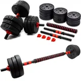 Molti 2er Set Hanteln Zement Bitumenhanteln 2in1-Set Kurzhanteln 2 x 10kg oder Langhantel 20kg Gewichte Hantelset mit 4 Sternverschlüsse für Krafttraining (Schwarz-Rot 2 x 10kg)