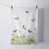 Ambiente Home Ambiente Küchentuch mit Schmetterlingen & Blumen Motiv - Küchenwäsche Frühling Sommer Geschirrtuch Wischtuch Trockentuch Küchenhandtuch Weiß
