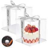 Funmo Cake Boxes 2PCS Tortenschachtel Dessert Cake Box Tortenkarton Transparente Kuchenbehälter Tortenbox Durchsichtige Geschenkbox mit Sockel und Band für Geburtstag Dessert (Transparent 26x26x25CM)