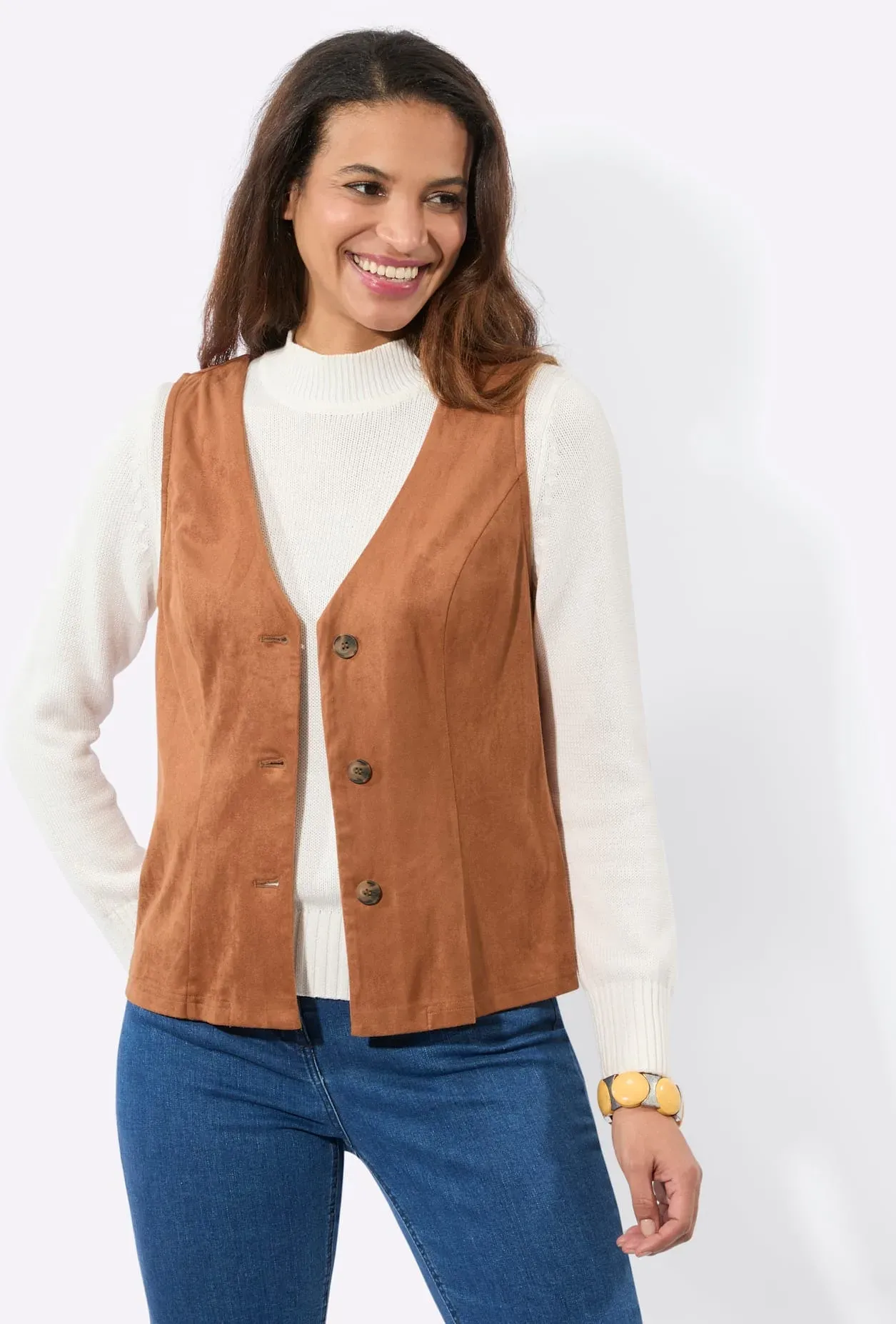 Lederimitatweste CASUAL LOOKS, Damen, Gr. 44, cognac, 90% Polyester, 10% Elasthan, unifarben, Westen