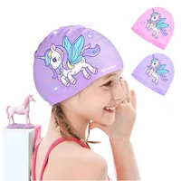 Badekappen für Kinder Einhorn-Silikon-Schwimmkappe Alter 2-12 wasserdichte Unisex-Badekappe für langes und kurzes Haar Kinder Mädchen Jungen Kleinkind (Violett)