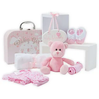 Baby Box Shop Baby Shower Geschenk - 9 Baby Essentials für Neugeborene - Geschenkset Baby Mädchen, Geschenk Für Neugeborene Mädchen - Baby Geschenk Mädchen - Newborn Baby Girl Gift Set - Rosa