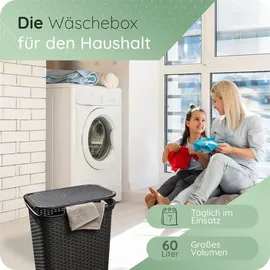 Novaliv Rattan Wäschekorb mit Deckel 60L Schwarz, Wäschebox Wäscheeimer Wäschebehälter modern für Bad Wäsche Schmutzwäsche, Wäschekörbe S... - Schwarz
