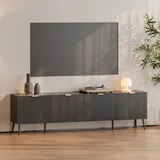 [en.casa] En.Casa, TV Möbel, Fernsehschrank ‘Nand’ mit 4 Türen geriffelt 180 x 35 x 51 cm Schwarz - Schwarz
