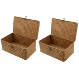 Cabilock 2 Stücke Regalkorb Seegras Korb mit Deckel Rattan Aufbewahrungskorb Rechteckiges Geflochtener Korb Obstkorb Weidentablett für Wohnzimmer Badezimmer Kosmetik Organizer