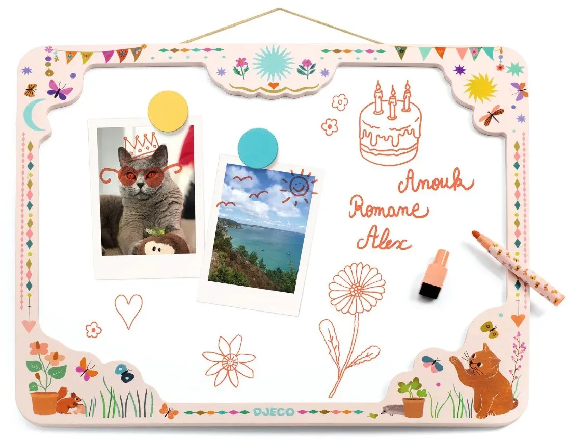 Djeco Magnetische Pinnwand mit Whiteboard Katze für Kinder 46x38 cm Weiß - Magnettafel, abwischbar, fördert Feinmotorik