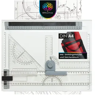 OfficeTree Zeichenplatte A4 - Inkl. Tragetasche, Schiebelineal, Geodreieck uvm. - Zeichenbrett A4 für exaktes Arbeiten - DIN A4 Zeichenplatte, Weiß
