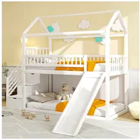 Flieks Hochbett Etagenbett 90x200cm mit oberem Lattenrost, Rutsche und Stauraumtreppe weiß