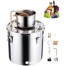Vevor Alkoholdestillieranlage 30 L Edelstahl Wasseralkohol Destillieranlage mit Kupferspule, Heimbrau-Raffinations-Gärungsset mit Thermometer und Pumpe, für Wein Whisky Brandy, Silber