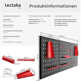Tectake tectake® Werkzeuglochwand dreiteilig, aus Stahl 120 x 3 x 60 cm