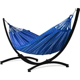 Potenza Outdoor Hängematte mit Gestell für 2 Personen I Catargo - Baumwolle Doppelhängematte XXL 220x160, 220kg I Hängemattengestell 220kg, wetterfest (Blau, Gestell Schwarz)