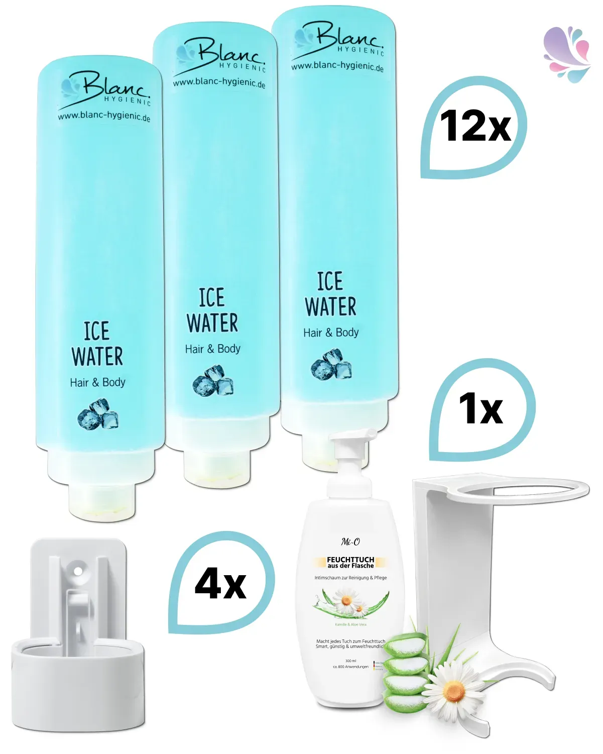 KOMPLETT-SET Duscherlebnis 12x425ml verschied. Düfte, 1x300ml Intim Reinigungsschaum+ 5x Wandhalterung