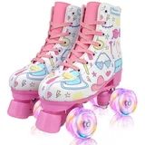 XUDREZ Rollschuhe Tribolumineszenz Rollschuhe Kinder und Erwachsene Rosa Druck Quad-Skates Leuchtenden Rädern Verstellbare Für Mädchen, Damen und Anfänger (White,36)
