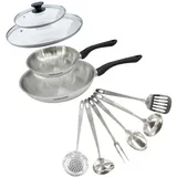 Fackelmann 9445750 Set mit 2 Pfannen 20 und 28 cm aus Edelstahl 18/8, 2 Glasdeckel und 6 Edelstahlutensilien, Pfanne für alle Herdarten, Induktion, Pfanne ohne PFAS, Edelstahl 18/8, Glas, 20 und 28 cm