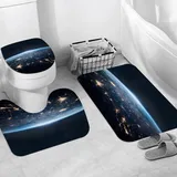Badteppich 3 Stück Weiche saugfähige Badematten,World Marble Star Night Cosmic Earth Map City Black Surface On Planet Science De,Rutschfeste Badematte Teppiche & Toilettendeckelabdeckung Set Waschbar