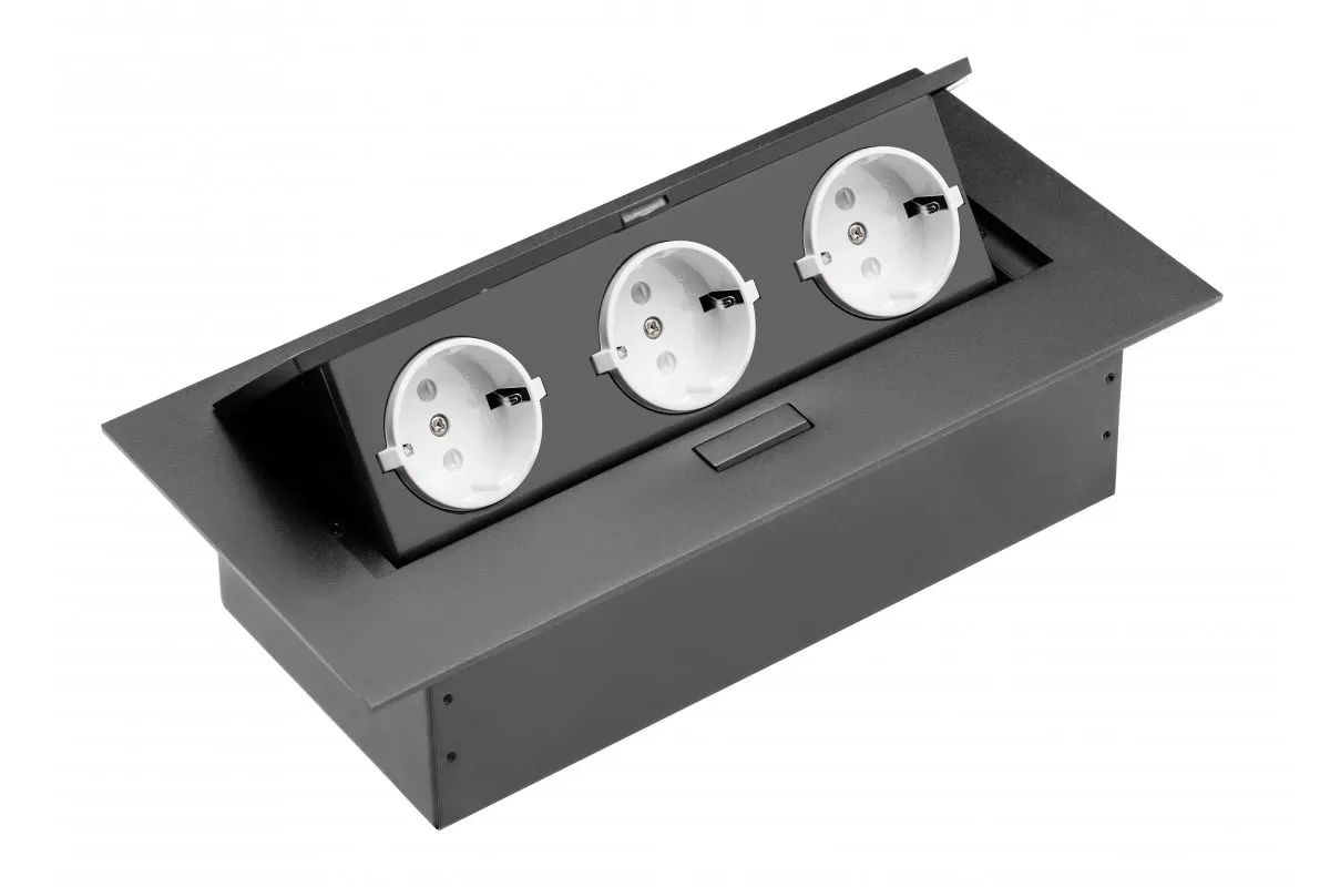 GTV Schreibtisch Steckdosenleiste zum Einlassen rechteckig 3x Schuko-Stecker - schwarz (ohne Netzkabel)