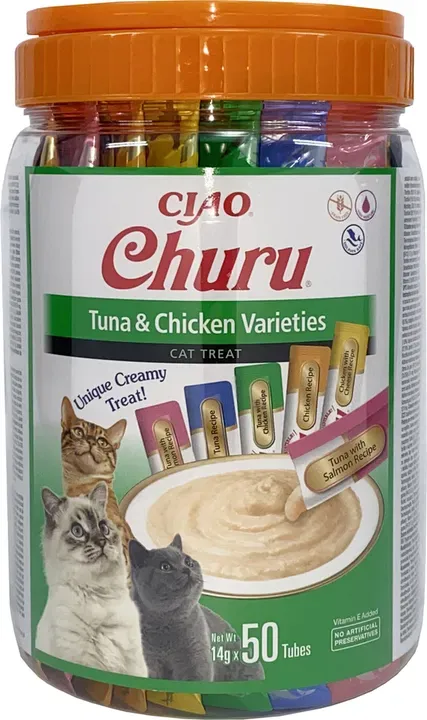 Inaba Churu Flüssigfutter-Tütchen für Katzen, Multipack mit Thunfisch- und Hühnerfleischgeschmack, Großpackung, 50 Tütchen, kalorienarm, Gewichtsverwaltung, Hydrations-Snack