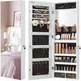 SONGMICS Schmuckschrank, Wandmontage, Organizer mit LED-Lichtern, Aufbewahrungsschrank, mit rahmenlosem Spiegel, integrierter Schminkspiegel, 2 Schubladen, abschließbar, Weiß JJC013W01