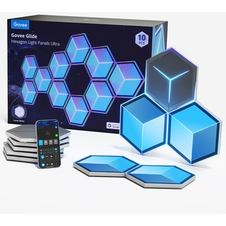 Govee Glide Hexagon Light Ultra, RGBIC 3D , Wi-Fi Wandleuchte 129 LEDs funktioniert mit Alexa, 60 Szenenmodi, für Gaming, Wand, Zimmer Deko, 10 Panels Meteor Grau