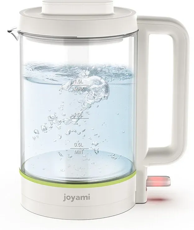 Joyami 1,5L Glas-Wasserkocher - 1500W Schnellkochen, Edelstahl-Boden, Weiß
