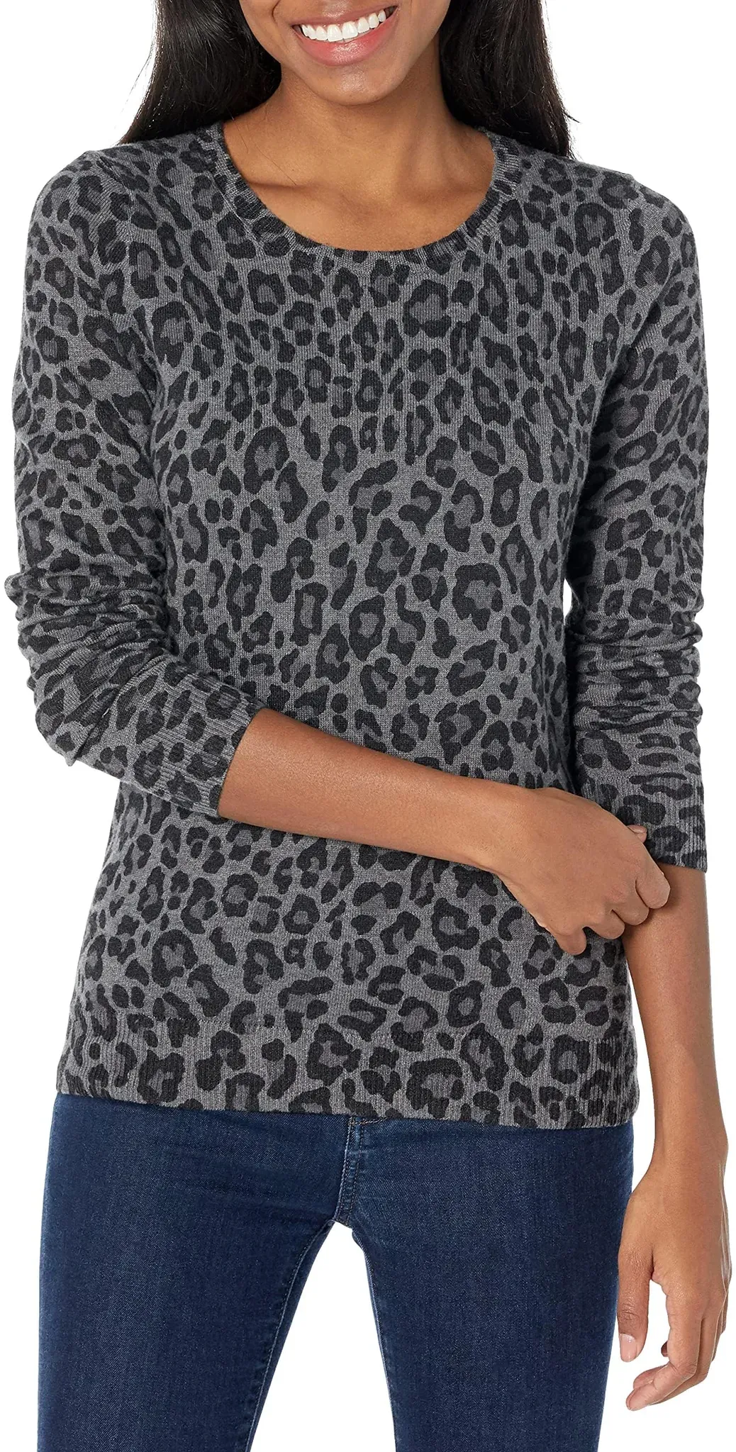 Amazon Essentials Damen Leichter, Langärmeliger Pullover Mit Rundhalsausschnitt (Erhältlich in Übergröße), Grau Gepardenaufdruck, M