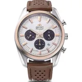 Orient Stretto Solar-Chronograph, Armbanduhr Herren, 40 mm, weißes Zifferblatt, braunes Lederarmband, weiß, Klassisch