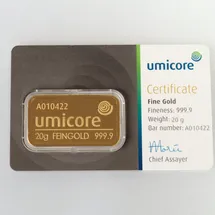 Umicore 20 Gramm Goldbarren Umicore