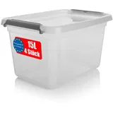 BigDean 4 Stück 15 L Aufbewahrungsbox mit Deckel transparent BPA- frei & lebensmittelecht – stapelbare robuste Aufbewahrungsbox