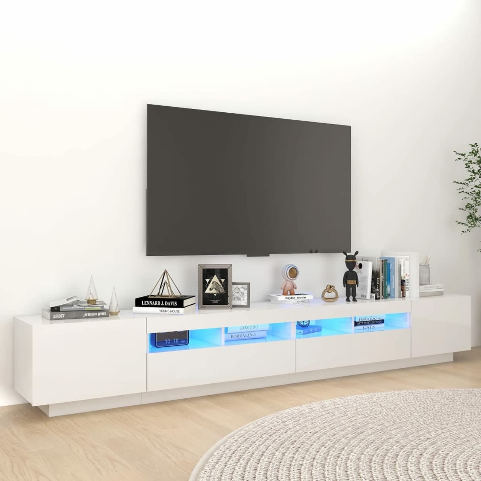 SECOLI tv Schrank led 260cm TV Lowboard mit LED TV Board Fernsehschrank TV-Schrank TV-Kommode tv Bank tv Möbel Sideboard für Wohnzimmer Schlafzimmer Möbel-Hochglanz-Weiß-260x35x40 cm