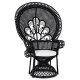 Casa Padrino Luxus Rattan Sessel Schwarz / Weiß 106 x 71 x H. 148 cm - Vintage Stil Rattan Sessel mit Sitzkissen - Vintage Stil Rattan Möbel - Garten & Terrassen Möbel