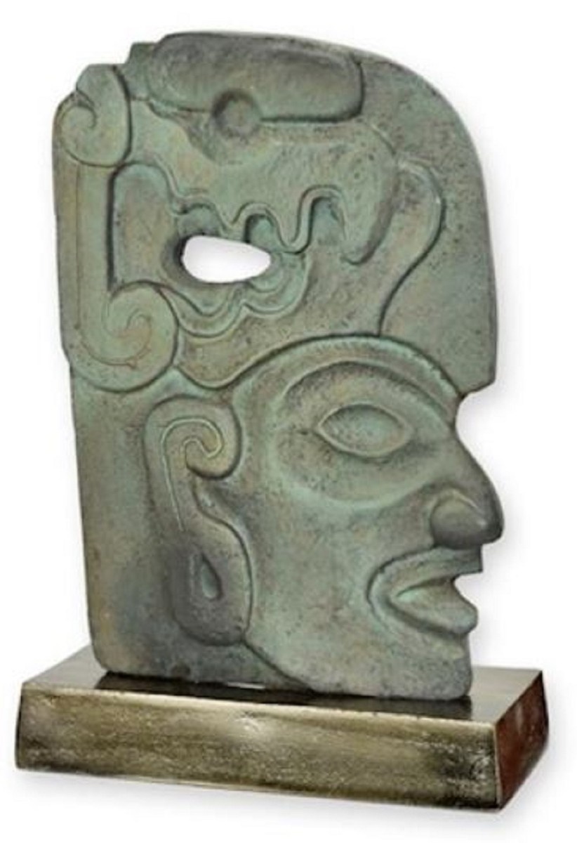 Casa Padrino Luxus Aluminium Deko Skulptur Maya Gesicht Antik Mintgrün / Grau / Gold 24 x 10,4 x H. 35,4 cm - Aluminium Deko Figur - Wohnzimmer Deko - Schreibtisch Deko