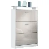 Vladon Schuhschrank Lavia (Schuhkipper, für 24 Paar Schuhe mit 3 Klappen und Glasablage) Weiß matt/Sandgrau Hochglanz (89 x 128 x 23 cm) grau