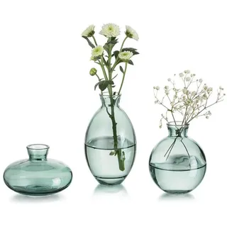LuxusKollektion Gläser-Set Kleine Glasvase Vintage Grün 3-teilig Handmade Mini Vasen Set