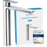 Bächlein Badarmatur Mizarela hoch in klassischem Design, Einhebelmischer für Aufsatzwaschbecken mit langlebiger Keramikkartusche und Montage-Set, Bad Wasserhahn Chrom - flacher Auslauf