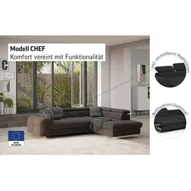 Cotta Ecksofa "Chef L-Form", braun (cocoa), B:257cm H:72cm T:206cm, Luxus-Microfaser (100% Polyester);Kunstleder Softlux;Leder Advantage (abgedecktes Spalt-Rindsleder), Rückseite mit schwarzem Spannstoff bezogen;NaturLEDER (echtes Rindsleder), Rückseite mit