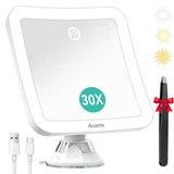 Auxmir 30X Schminkspiegel mit Beleuchtung, 2000mAh Aufladbar Kosmetikspiegel mit Saugnapf, 3 Lichtfarben Dimmabr Helligkeit, 30fach Vergrößerungsspiegel mit Licht, 360° Drehbar, Tragbar für Bad, Reise