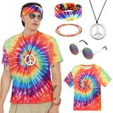 Moiuguli Hippie Kostüm Herren, 60er 70er Jahre Bekleidung Herren Set mit Hippie T-Shirt, Peace Halskette, Stirnband, 60er 70er Jahre Outfit Kostüm Kit für Party Fasching Karneval - XL