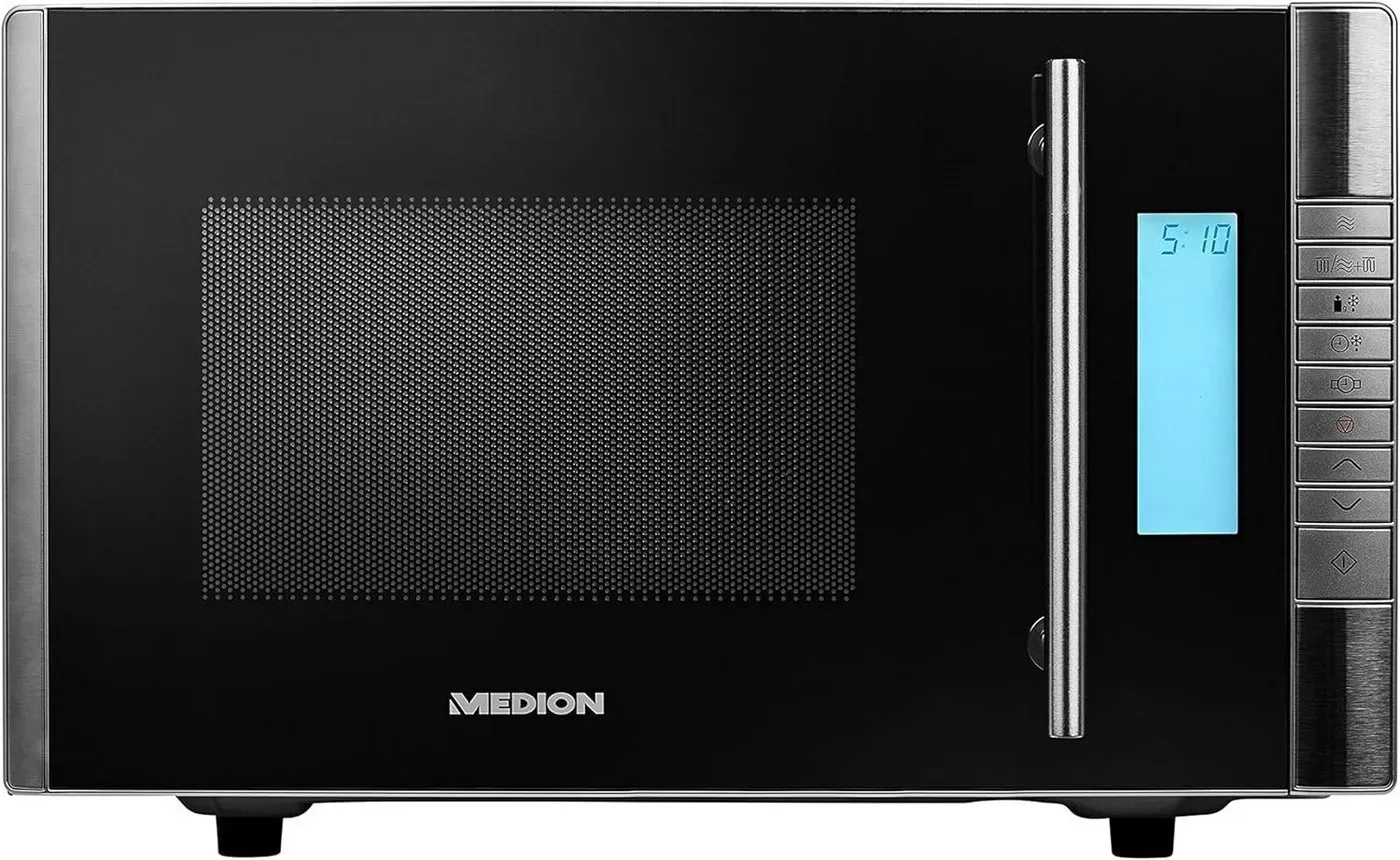 MEDION MD 14482 Mikrowelle mit Grill / 20L Garraum / 8 Automatikprogramme/Auftaufunktion / 800 Watt Mikrowellen- und 1000 Watt Grillleistung/Zeitschaltuhr/Grillrost/silber/schwarz