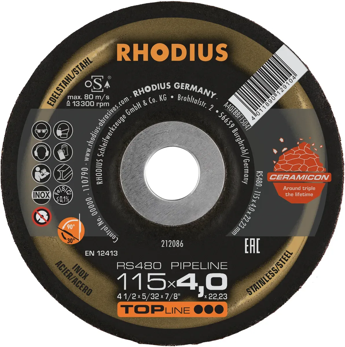 RHODIUS RS480 PIPELINE Schruppscheibe 115 Ã— 4,0 Ã— 22,23 - Profi Ausrüstung für Schleifarbeiten