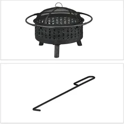 Relaxdays Feuerschale mit Grillrost & Funkenschutz, Schürhaken, Kohlerost, Ø 75 cm, Feuerstelle Garten, schwarz/silber