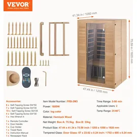 Vevor 2-Personen-Ferninfrarotsauna, Heimsaunakabine aus Infrarot-Hemlockholz mit niedrigem EMF und gehärteter Glastür, Bluetooth-Lautsprecher, für
