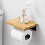 Schwarzer, Selbstklebender Toilettenpapierhalter Mit Bambusablage, Rollenhalter, Wandmontage Ohne Bohren