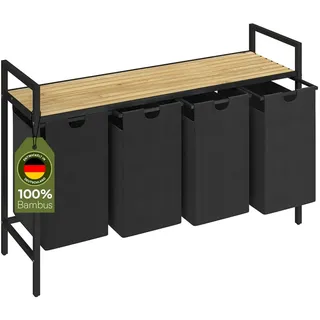 steelsøn Rigil Wäschesammler 4 Fächer – Wäschekorb mit 1 Bambus Ablage – 4x 40 L Wäscheboxen in schwarz – Metall Wäschesortierer – ausziehbare & herausnehmbare Wäschesäcke – Schmutzwäschebehälter
