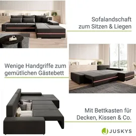 Juskys Sofa Davos mit Schlaffunktion Bettkasten, & - Stoff Schlafsofa L Form Couch Beleuchtung - Dunkelgrau