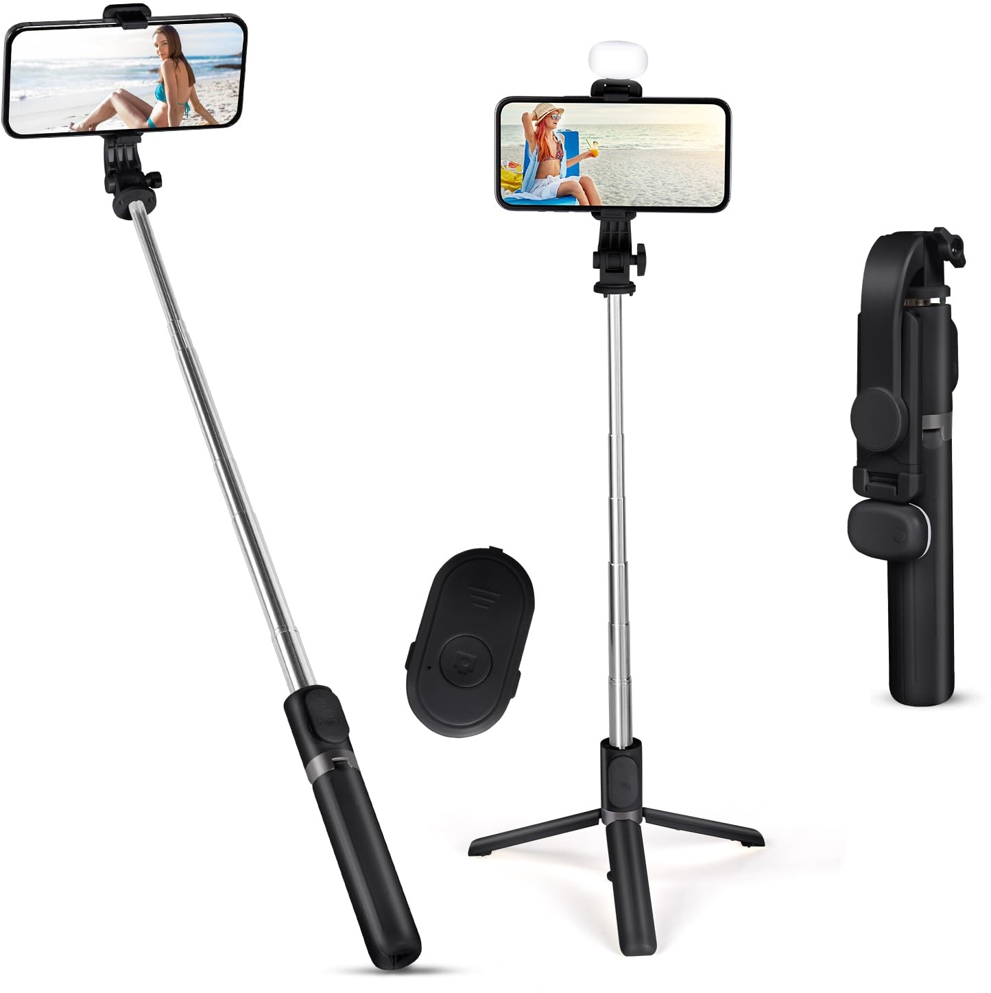 Flintronic Selfie Stick, Erweiterbar 3 in 1 Aluminium Selfie Stange, Bluetooth Selfie-Stange mit Fülllicht und Kabelloser Fernbedienung, Langes 100cm, für iPhone Samsung Smartphones Kamera, Schwarz