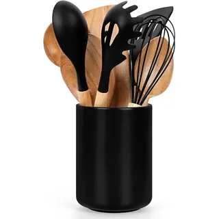 Winter Shore Großer Utensilienhalter Küche - Küchenhelfer Aufbewahrung aus Keramik - Aufbewahrung Küchenutensilien - Besteck Organizer Stehend aus Porzellan - Küchenutensilienhalter Schwarz für Theke
